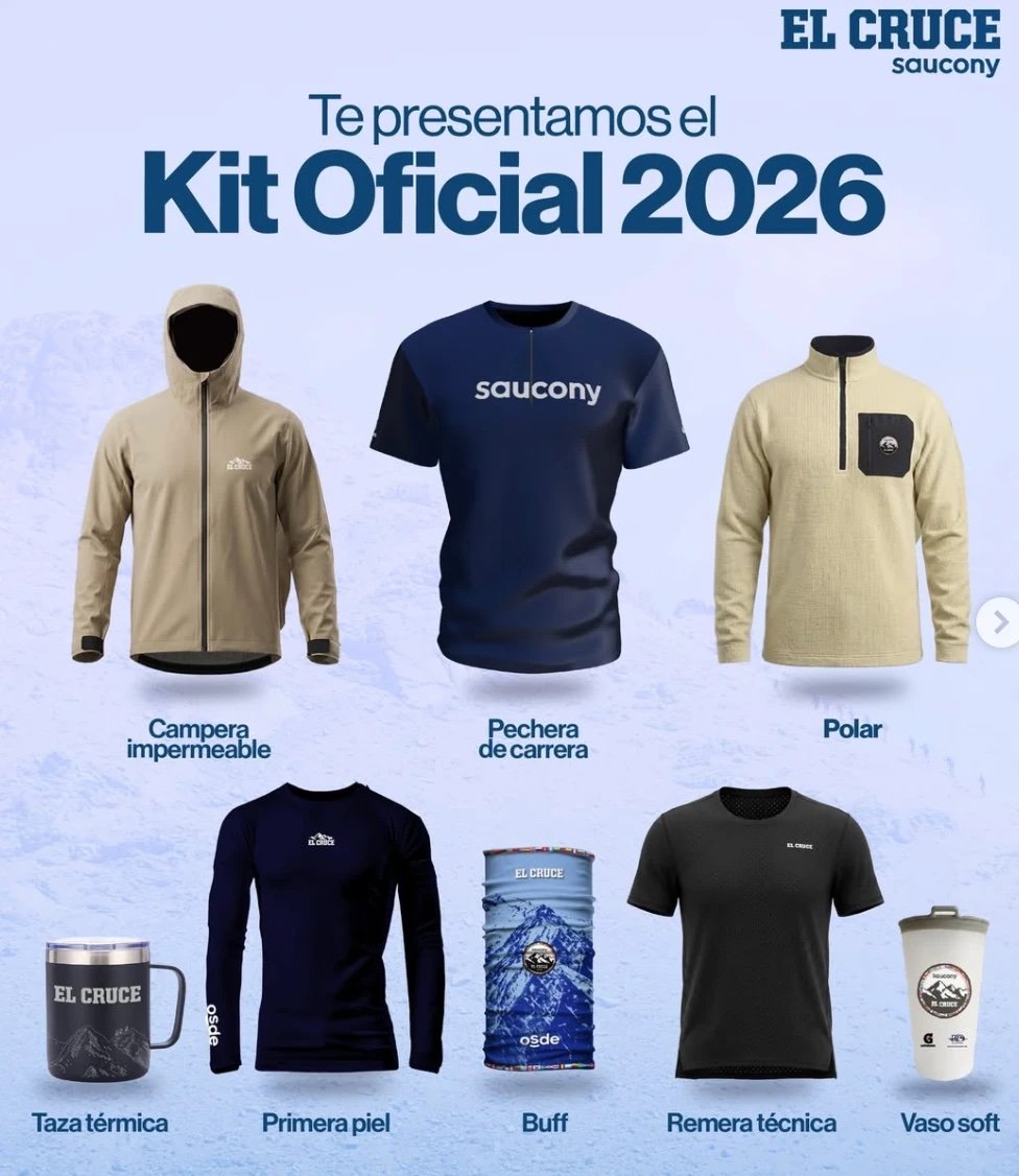 Kit oficial 2026: campera impermeable, pechera de carrera, polar, taza térmica, primera piel, buff, remera técnica y vaso soft